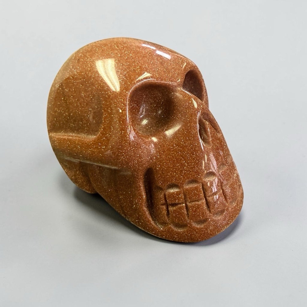 Brown Goldstone Skull Carving Sparkly 1 3/4" T x 2.5" W Crystal Figurine Decor